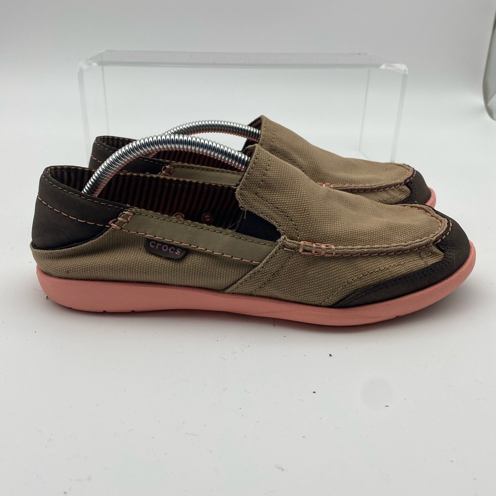 Crocs Walu Women Size 8 Shoes Beige Canvas Slip On Comfort Flats Loafers Walking